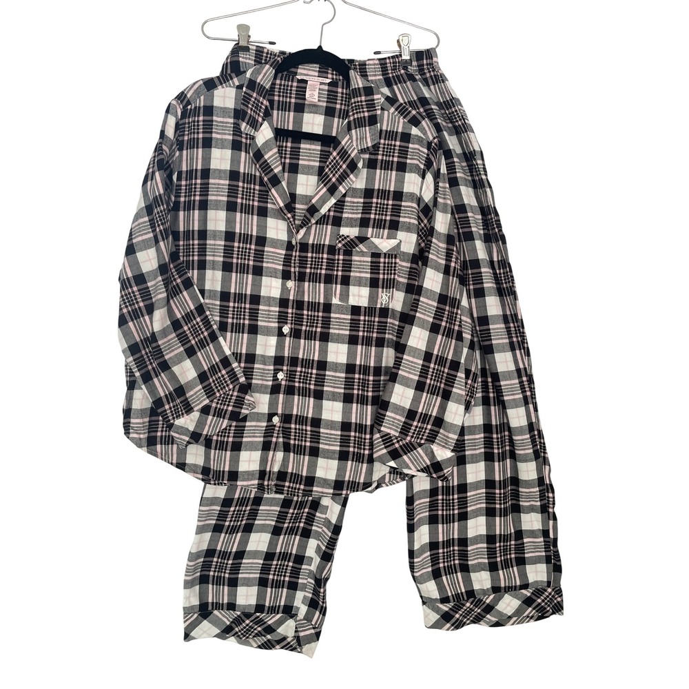 Victoria's Secret Pajama Set Womens Large Black Pink Plaid Lurex Flannel PJ Set